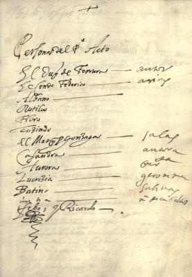 Imagen procedente de los fondos de la Boston Public Library (BPL). Uno de los primeros folios del manuscrito autógrafo de “El castigo sin venganza”, con el nombre de los actores que iban a incorporar a los distintos personajes y que en el momento formaban parte de la compañía de Manuel Vallejo.