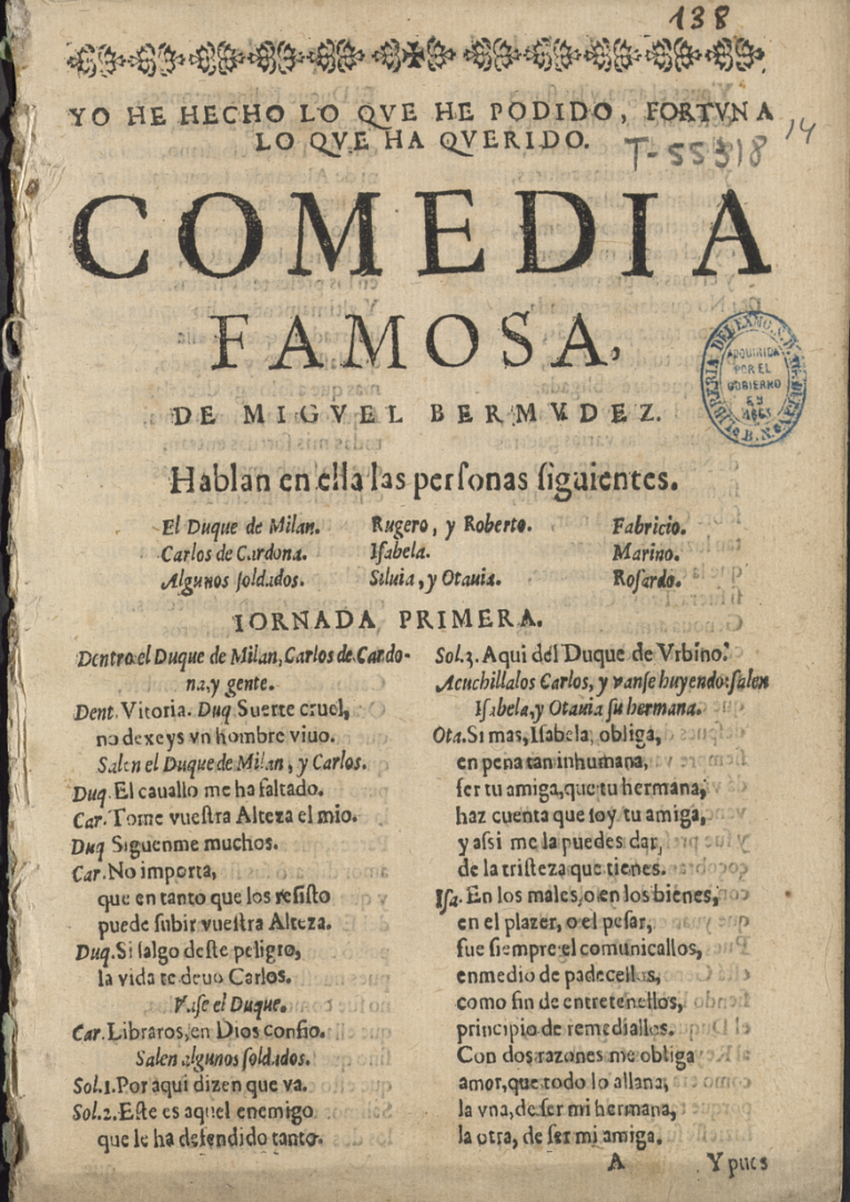 Portada de la edición princeps custodiada en la Biblioteca Nacional de España (Signatura: T-55318-14)