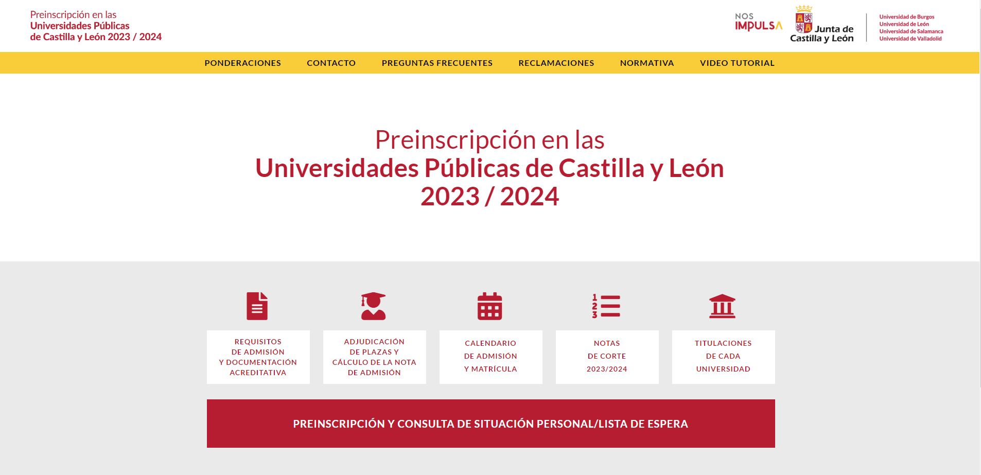 Página de preinscripción a las universidades públicas de Castilla y León