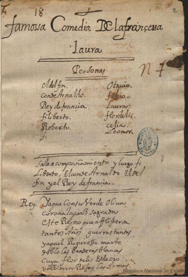 Primera página del manuscrito anónimo de La francesa Laura (BNE. MSS/16946). Digitalización a cargo de la BNE http://bdh-rd.bne.es/viewer.vm?id=0000216882