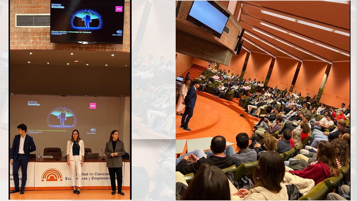 Los tres profesionales de Monitor Deloitte, durante su intervención en la Facultad de Ciencias Económicas y Empresariales