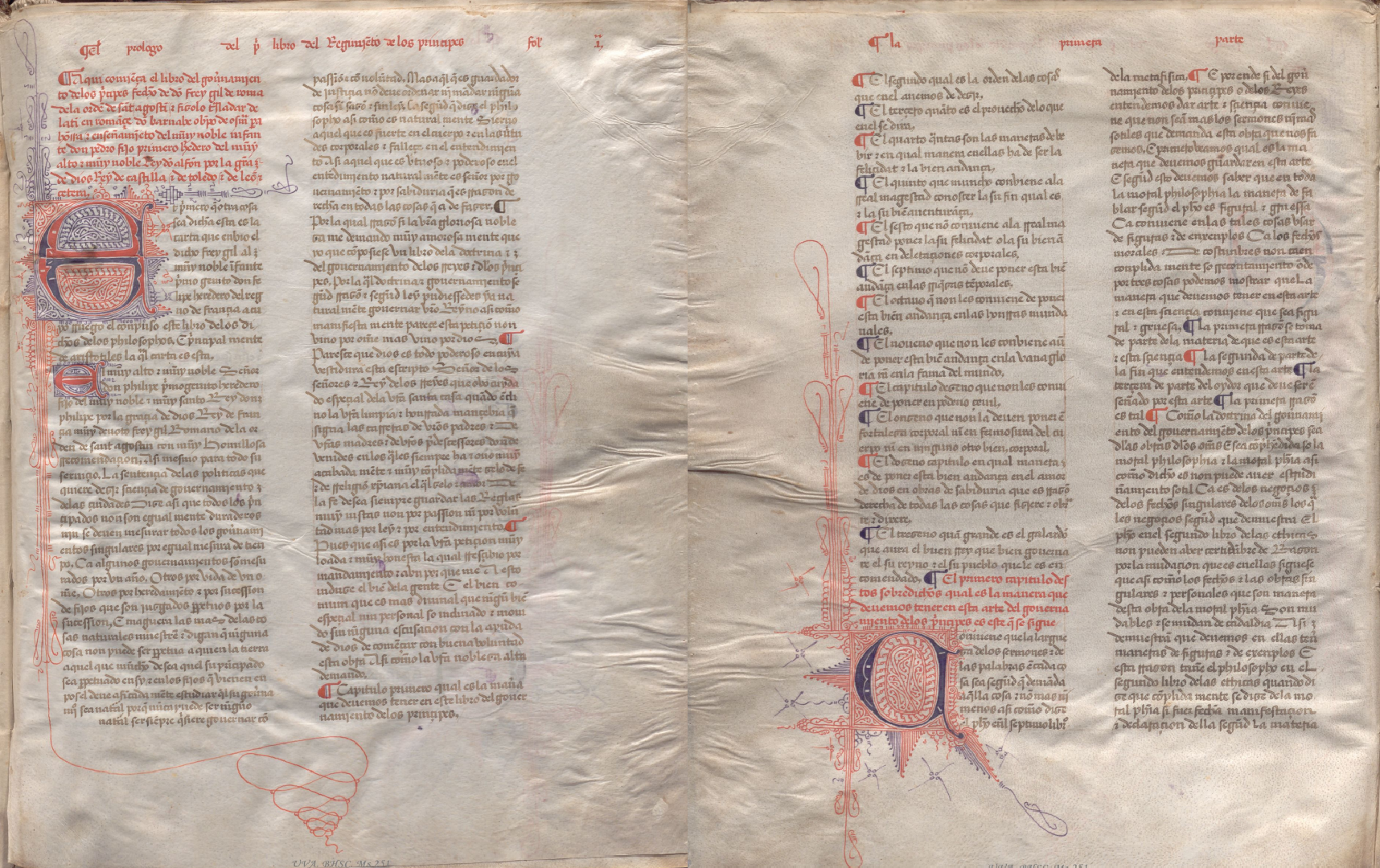 ‘Libro del governamiento de los principes fecho de don frey gil de roma de la orden de sant agostin e fisolo trasladar de latin en romançe don barnabe obispo de osma para honrrar e enssenamiento del muy noble infante don peidro sic fijo primo heredero del muy alto e muy noble Rey don alfonso’ del siglo XV conservado en la Biblioteca Histórica de la Universidad de Valladolid