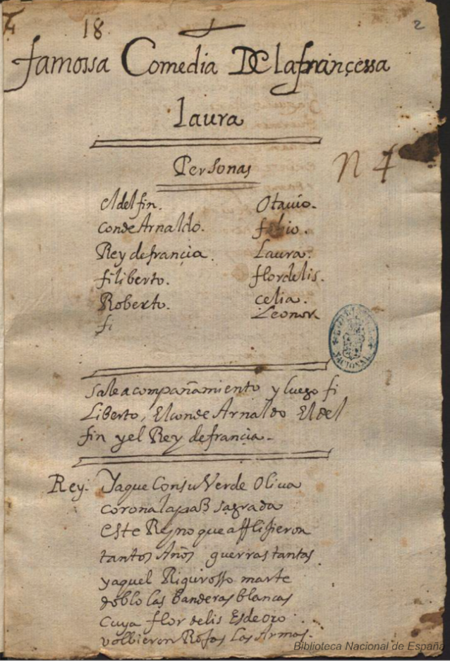 Primera página del manuscrito anónimo de La francesa Laura (BNE. MSS/16946).  Digitalización a cargo de la BNE http://bdh-rd.bne.es/viewer.vm?id=0000216882
