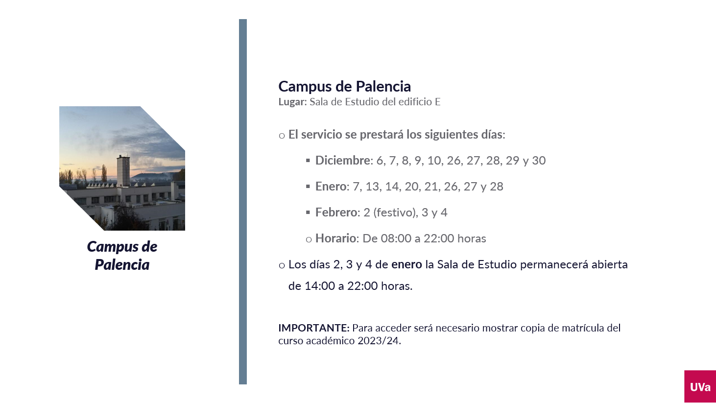 Horarios salas de estudio en el Campus de Palencia
