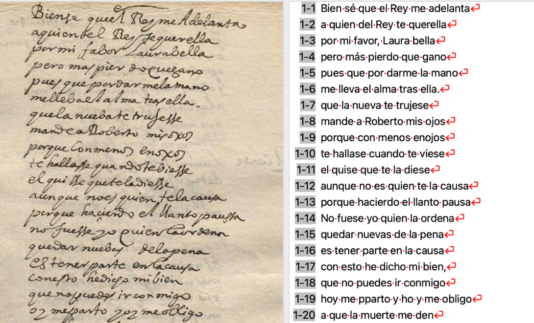 Ejemplo de transcripción automática de unos versos de La francesa Laura gracias a la herramienta Transkribus y un modelo entrenado por Álvaro Cuéllar con 3 millones de palabras.