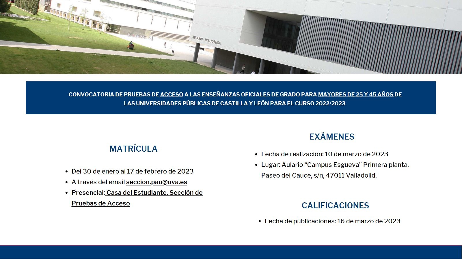 Convocatoria para realizar la prueba de acceso a la universidad para mayores de 25 y 45 años
