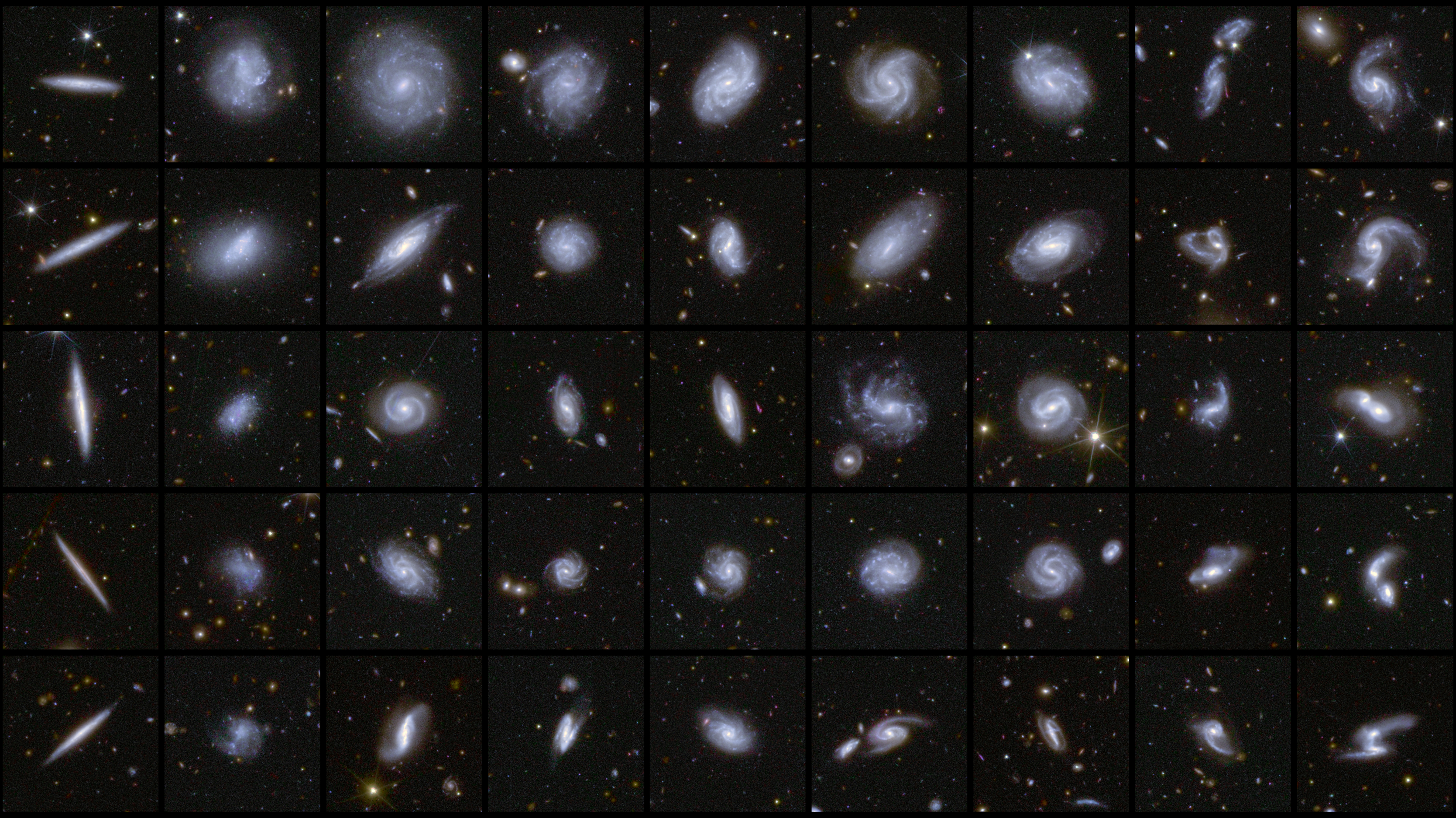 Esta imagen muestra ejemplos de galaxias de diferentes formas, todas captadas por Euclid durante sus primeras observaciones de las áreas del Campo Profundo.Como parte de la publicación de datos, se publicó un catálogo detallado de 380.111.000 galaxias, clasificadas según características como brazos espirales, barras centrales y colas de marea que sugieren la fusión de galaxias. Imagen: ESA/Euclid/Euclid Consortium/NASA, image processing by M. Walmsley, M. Huertas-Company, J.-C. Cuillandre