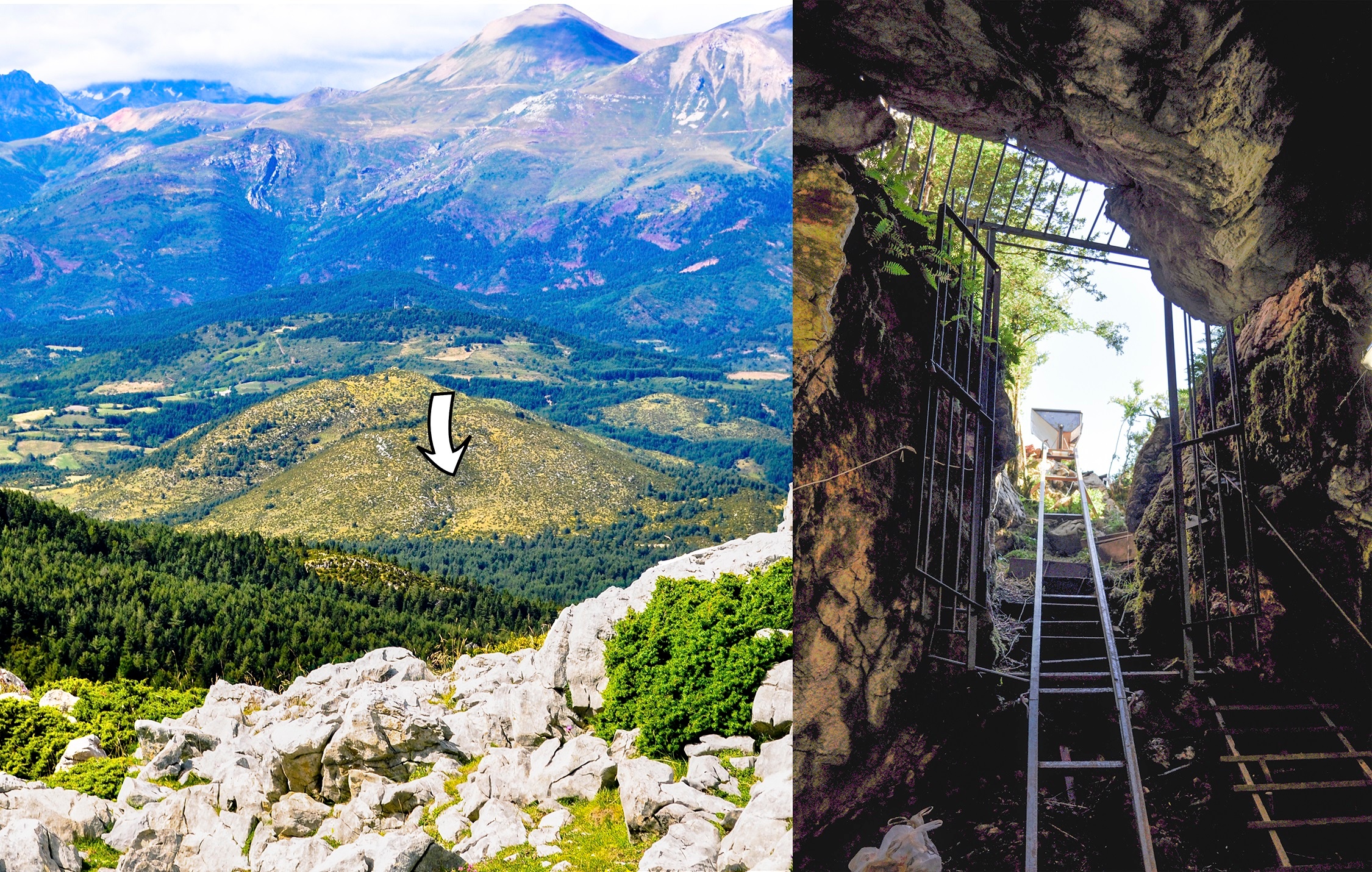 Ubicación de la cueva de Els Trocs a los pies del Pirineo Axial. Al fondo pico Gallinero y, entre la niebla, macizo del Poset. A la derecha entrada y acceso a la cueva con la vagoneta de minero para la retirada del sedimento y rocas.